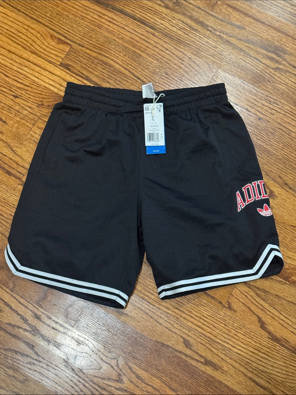 adidas Black Mesh Athletic Shorts with White Stripe and Red Logo